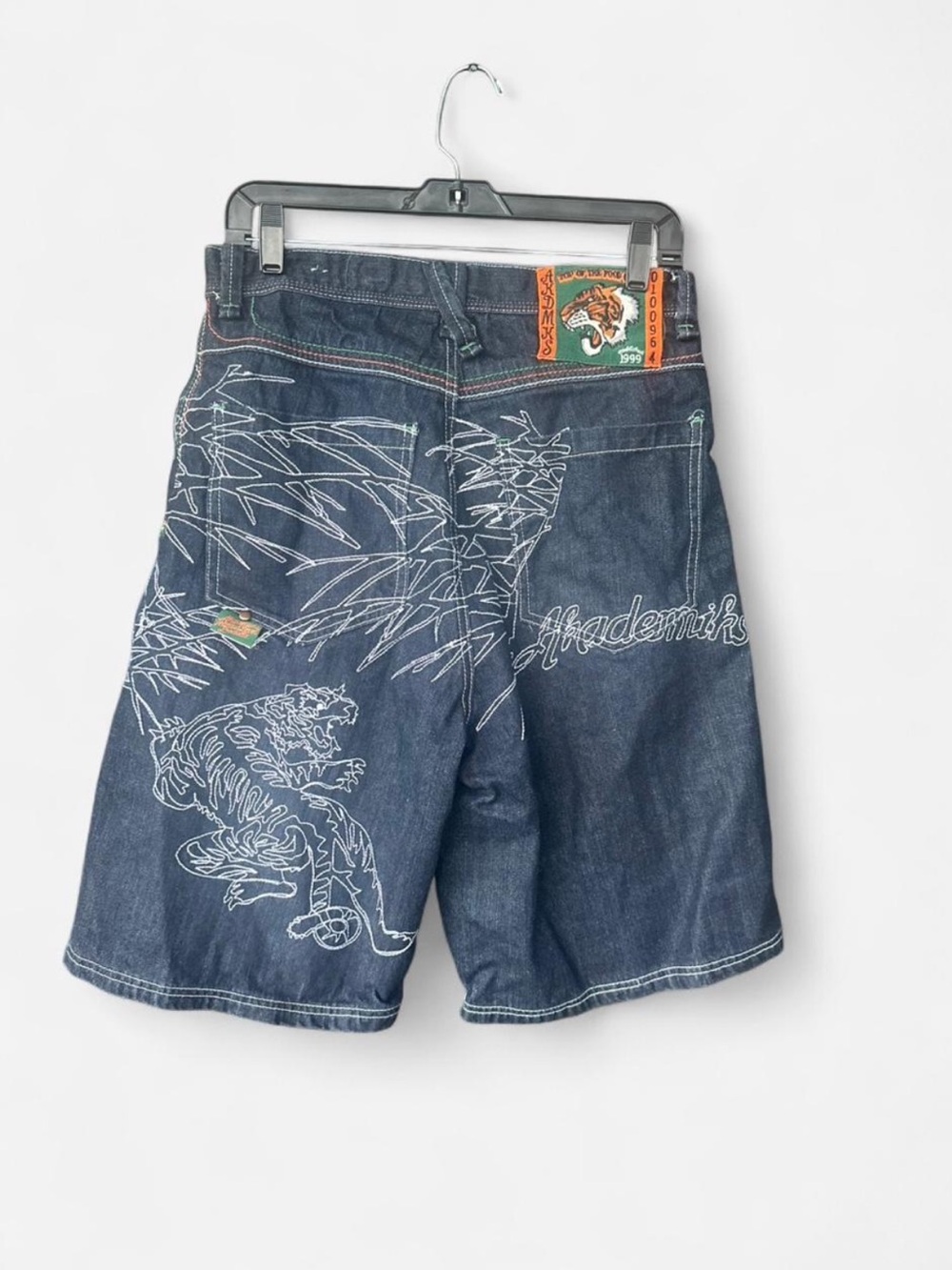 Akademiks Dark Blue Denim Shorts with White Tiger Embroidery